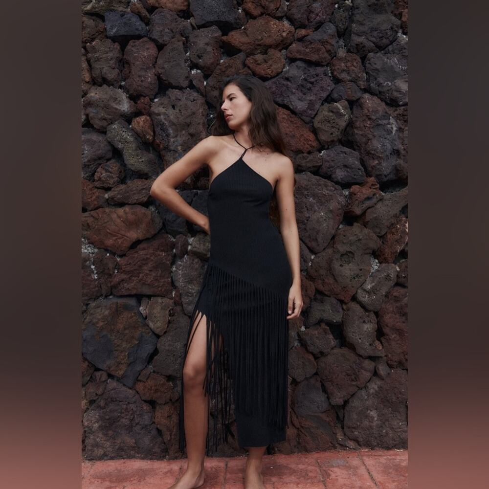 Zara Black Asymmetric Fringe Halter Dress